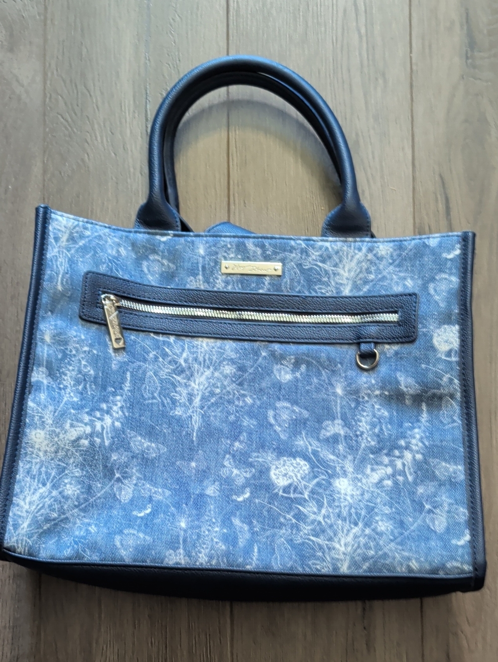 Betsey Johnson Blue Floral Denim Tote with Navy Trim Missing Crossbody Strap
